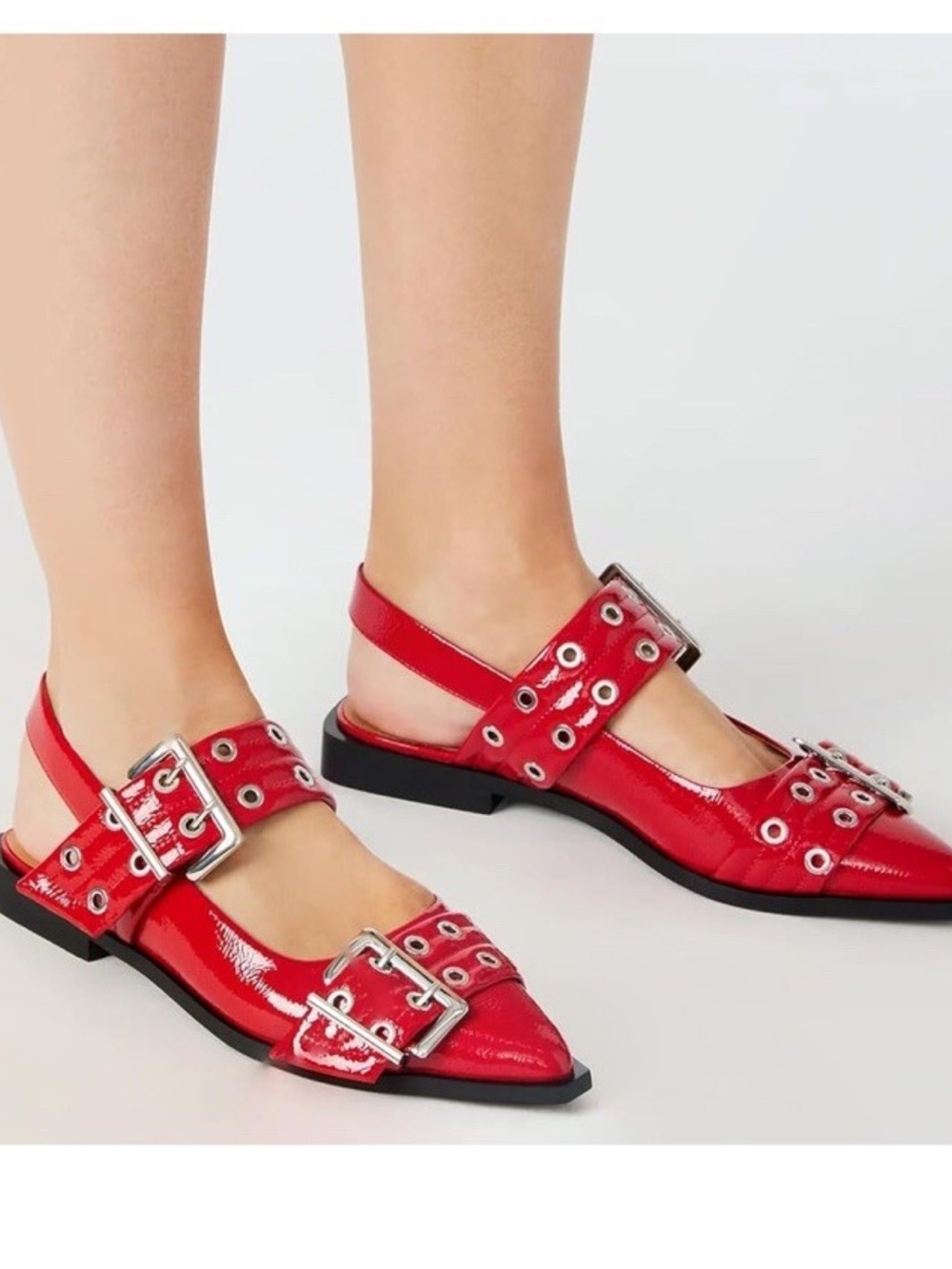 Red Buckle Pointed-Toe Slingback Flats